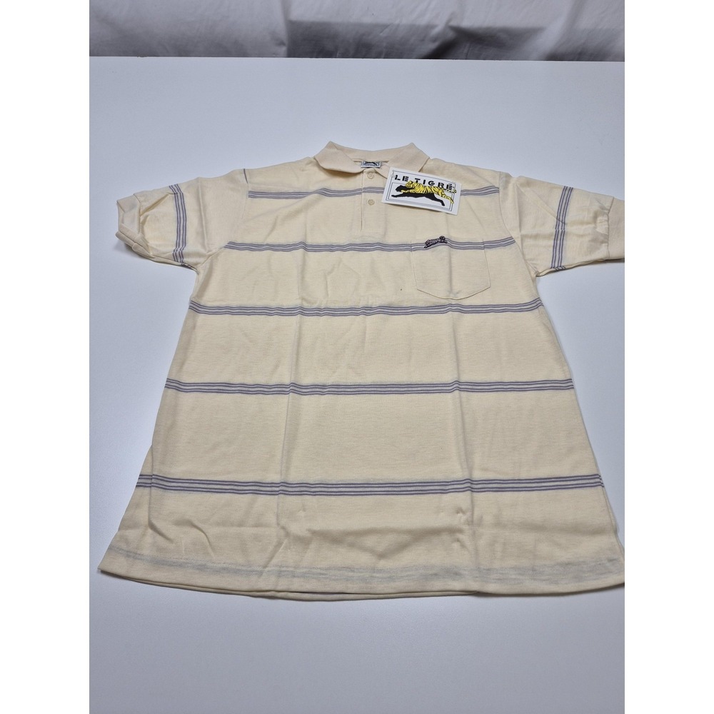 VTG Le Tigre Polo Shirt Mens L White Striped Cotton Pocket Logo Made USA